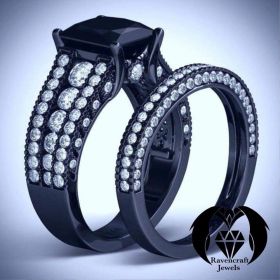Cushion Cut Black and White Diamond on Black Gold Engagement Ring Set