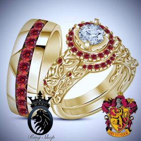 Harry Potter House Gryffindor Ruby on Gold Engagement Ring Set