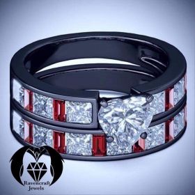 Black Gold Diamond Heart Ruby Engagement Ring Set