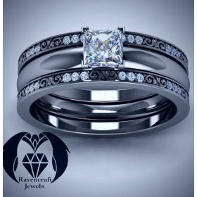 Gothic Princess Cut Triple Black Gold Diamond Engagement Ring Set
