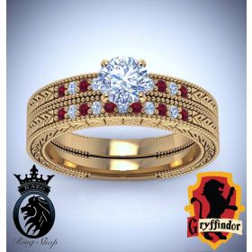 Harry Potter Gryffindor Yellow Gold Ruby Diamond Engagement Ring Set