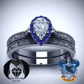 Harry Potter Ravenclaw Pear Cut Black Gold Sapphire Engagement Ring Set