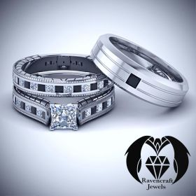 His and Hers White and Black Princess Cut 3 Ring Wedding Set