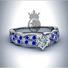 Doctor Who Inspired Heart Cut Swarovski White Diamond with Sapphire Infinity Band on White Gold Promise Engagement Ring