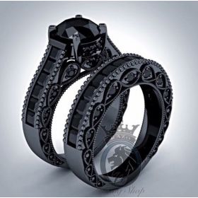 Midnight 6.75 CTS Black Diamond on Black Gold Bridal Engagement Ring Set