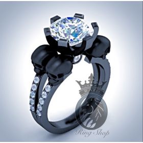 DeathNote Inspired 3.75 CTS Diamond on Black Gold Skulls Engagement Promise Ring