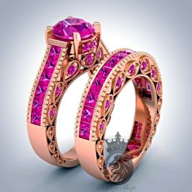 Pink Topaz on Rose Gold Bridal Engagement Ring Set