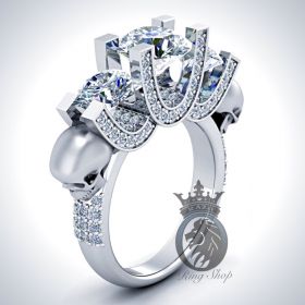 Dual Skulls and Triple White Swarovski Diamonds on White Gold Engagement Deluxe Ring