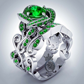 Green Emeralds on White Gold Floral Rose Engagement Bridal Engagement Ring Set