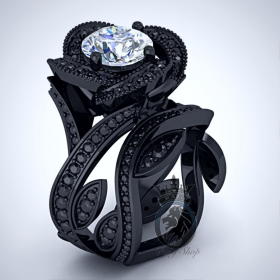 Elegant Black Swirl Rose Bridal Engagement Ring Set