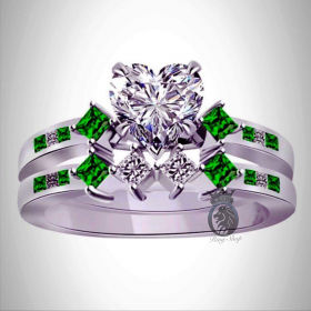 Emerald and Heart Diamond Engagement Ring Set