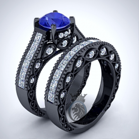 Blue Sapphire on Black Gold Engagement Set 