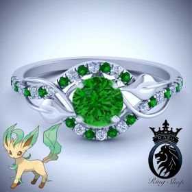 Pokemon Leafeon Inspired White Gold Emerald Engagement Ring