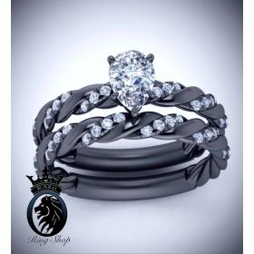 Pear Cut Diamond Braided Black Gold Petite Gothic Engagement Ring Set