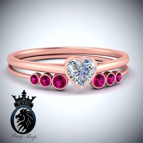 Petite Heart Cut Pink Ruby Rose Gold Engagement Ring Set