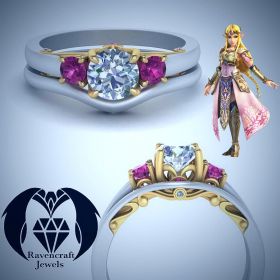 Princess Zelda Inspired White Gold Pink Ruby Diamond Engagement Ring Set