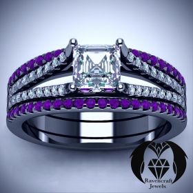 Princess Cut Diamond Purple Amethyst on Black Gold Engagement 3 Ring Set