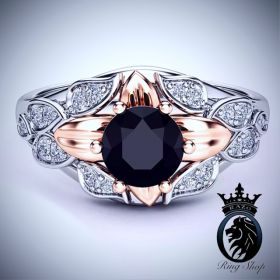 Rose and White Gold Black Diamond Flower Engagement Ring