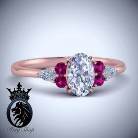 Rose Gold Pink Ruby Oval and Pear Cut Diamond Engagement Ring 