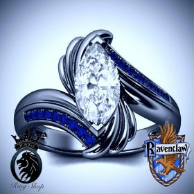 Marquise Harry Potter Ravenclaw Sapphire on Black Gold Engagement Ring