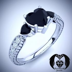 Triple Hearts Black and White Diamond Engagement Ring