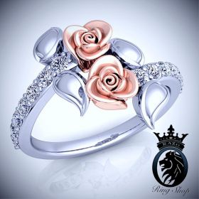 Two Tone Rose and White Gold Floral Diamond Engagement Ring