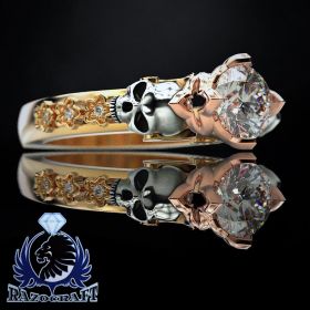 Underworld Empress - 3 Tone Gold Skull .75CTS Diamond Engagement Ring