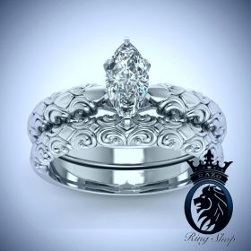Victorian Steampunk Marquise Diamond White Gold Wedding Ring Set