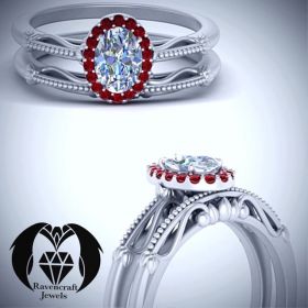 Vintage Ruby Oval Cut White Gold Engagement Ring Set